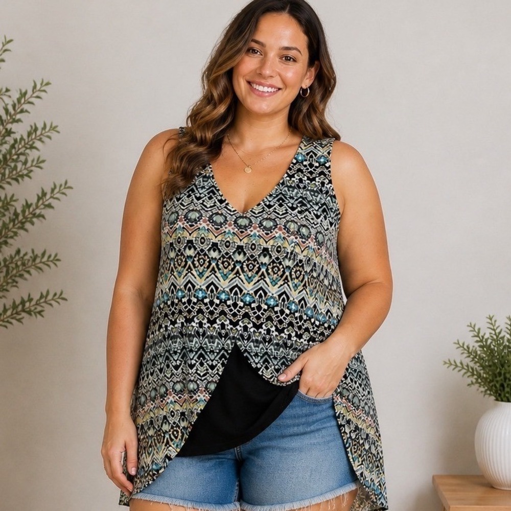Alyx Women 1X Multicolor Tribal Print V-Neck Sleeveless Split Tank Top Bohemian
